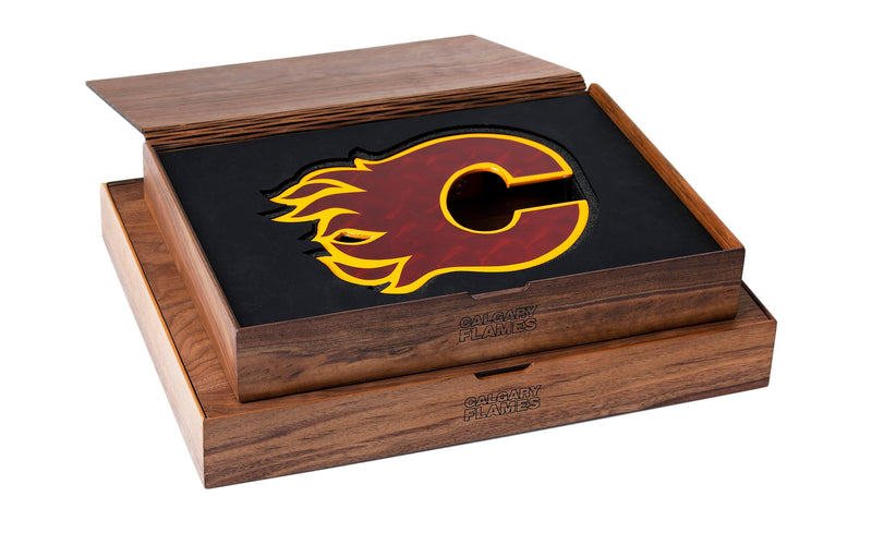 Wooden box with a Calgary Flames logo on a white background