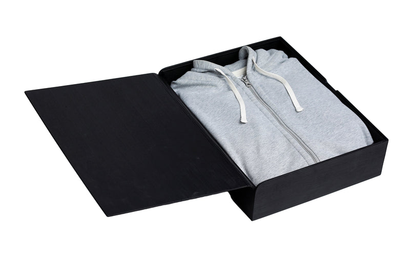 Gray hoodie in a black box on a white background