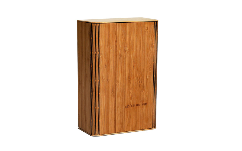 Wooden box with a brand logo on a white background